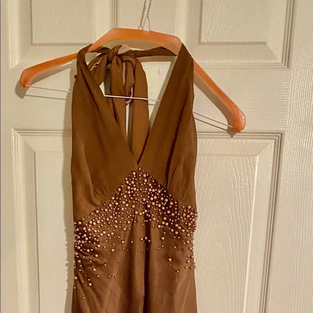 Arden B Brown Halter Midi Dress with Beaded Embellishment